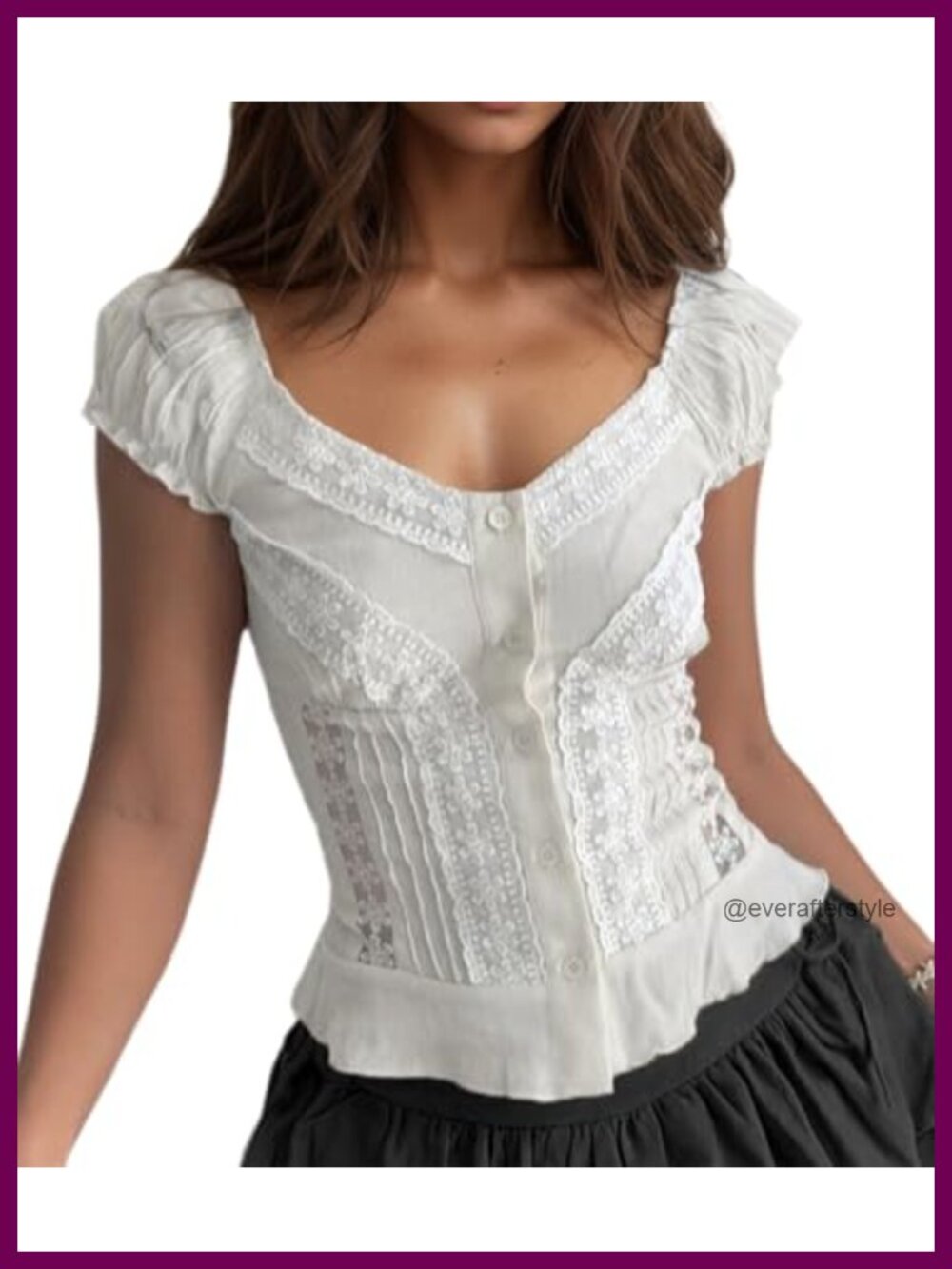 Women's Lace Trim Cutout Puff Sleeve Crop Top V Neck Blouse Summer